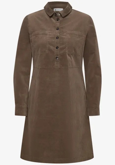 Taupe-farbenes Cordkleid mit Hemdkragen, Knopfleiste, langen Ärmeln und A-Linien-Silhouette.