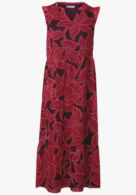 Robe longue sans manches rouge à grand motif feuillage et volant en bas