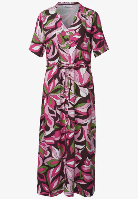 Langes, bunt gemustertes Viskose-Kleid mit V-Ausschnitt, kurzen Ärmeln und tailliertem Bindegürtel.