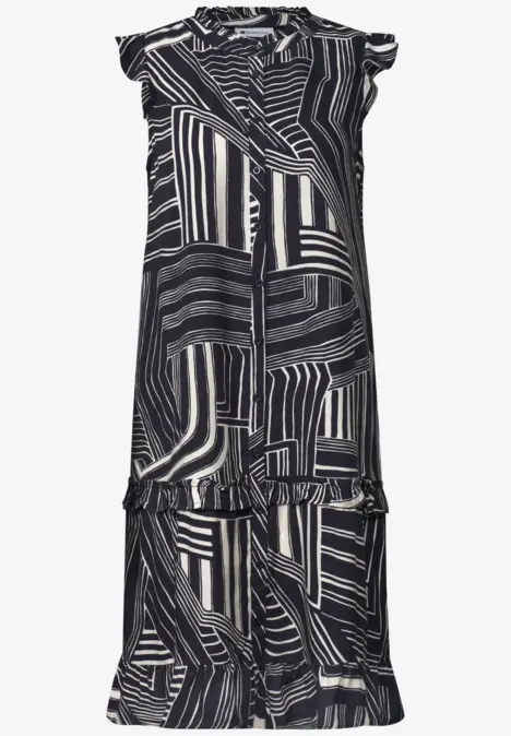 Ärmelloses Midikleid mit abstraktem Schwarz-Weiß-Streifenmuster, V-Ausschnitt und stufigem Volant-Saum.