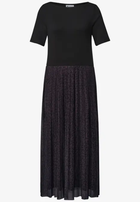 Schwarzes Midikleid mit figurbetontem, kurzem Oberteil und luftiger, gepunkteter Plisseerock