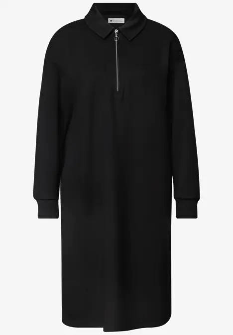 Robe midi noire en molleton, col montant, manches longues et demi-fermeture éclair.