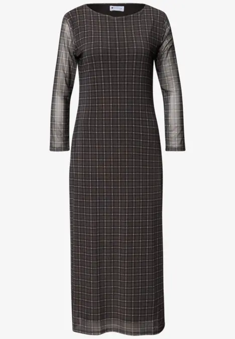 Robe longue à manches longues élégante à motif petit carreau noir et marron.