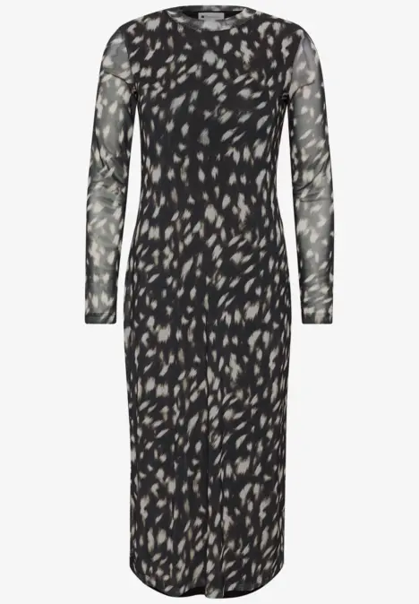 Schwarzes Midikleid mit langen Ärmeln und Cremeblattmuster, figurbetont.
