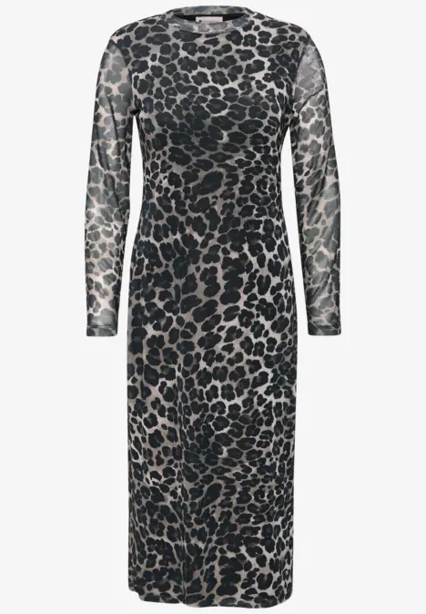 Elegantes, langärmliges Midi-Kleid mit Leopardenmuster in Schwarz und Beige