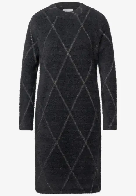 Lässiges Strickkleid in Anthrazit mit Rautenmuster, langärmlig und knielang, weiches Teddy-Finish