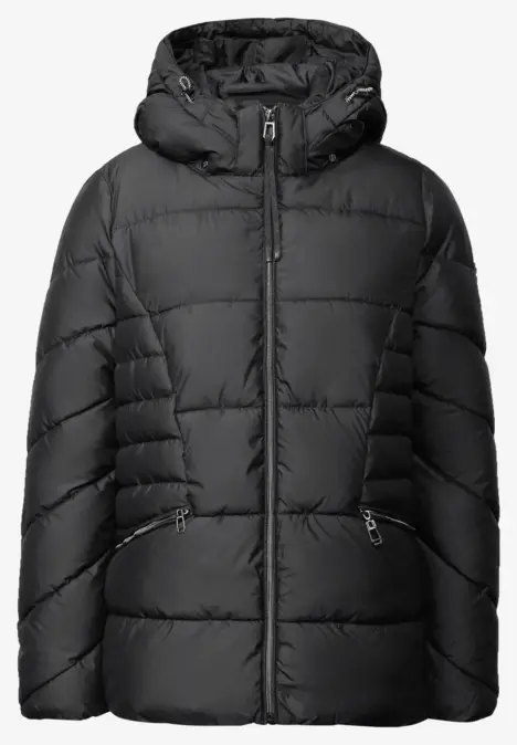 Schwarze, gesteppte Winterjacke mit Kapuze und Reißverschlusstaschen.