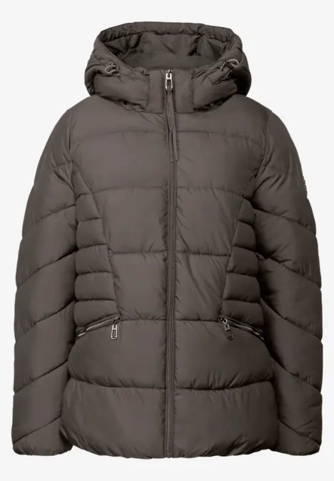 Graue Steppjacke mit Kapuze und Reißverschluss.