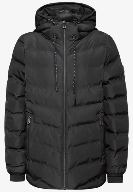 Schwarze, wattierte Winterjacke mit Kapuze und Reißverschluss.