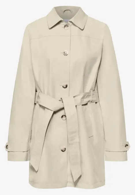 Beiger, knielanger Trenchcoat mit Knöpfen und Taillengürtel.