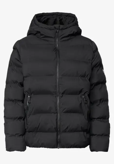 Schwarze, wattierte Kapuzenjacke mit Reißverschluss und Seitentaschen.