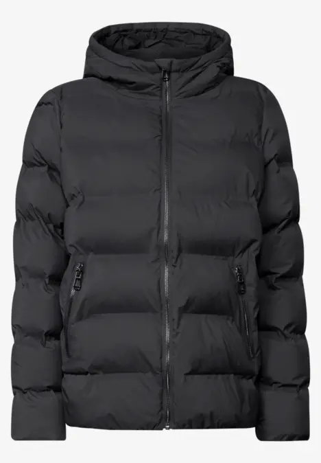 Schwarze, gesteppte Steppjacke mit Kapuze und Reißverschluss, zwei Seitentaschen.