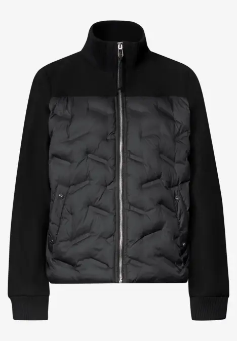 Schwarze Jacke mit gesteppter, wattierter Vorderseite, Reißverschluss und kontrastierenden Ärmeln und Kragen