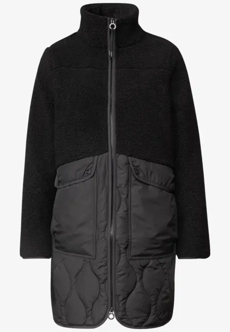 Veste longue noire avec haut en polaire, partie inférieure matelassée, fermeture éclair intégrale et poches