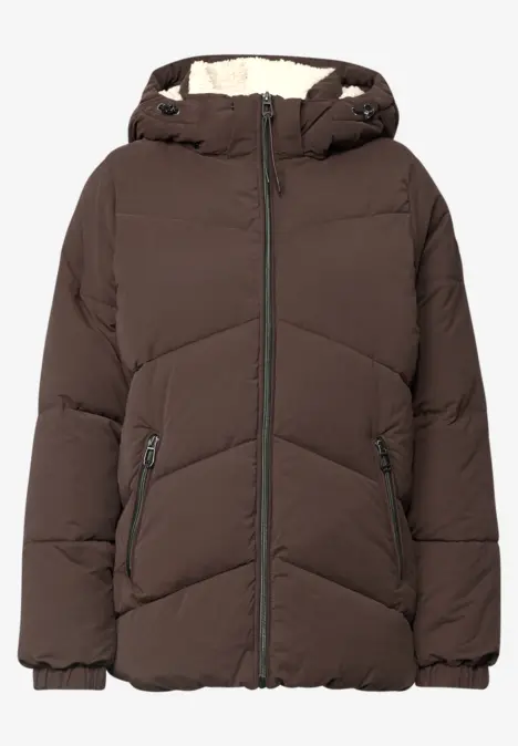 Braune wattierte Winterjacke mit Kapuze, Reißverschluss, seitlichen Taschen und elastischen Bündchen.