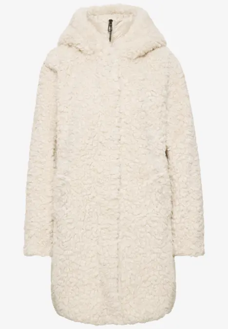 Weißer Teddy-Fleece-Mantel mit Kapuze und Reißverschluss, knielang.