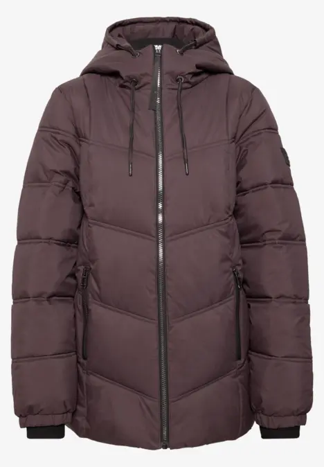Dunkelbraune, wattierte Winterjacke mit durchgehendem Reißverschluss, Kapuze und Steppmuster.