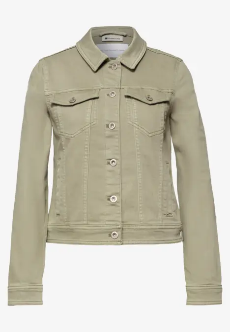 Veste en jean kaki clair pour femme avec boutons et poches poitrine.