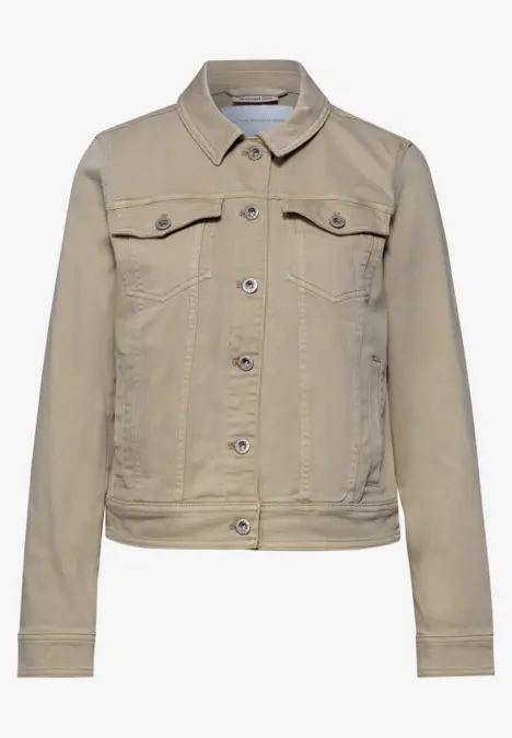 Beige Damen-Jeansjacke mit Knopfleiste, Hemdkragen und aufgesetzten Brusttaschen