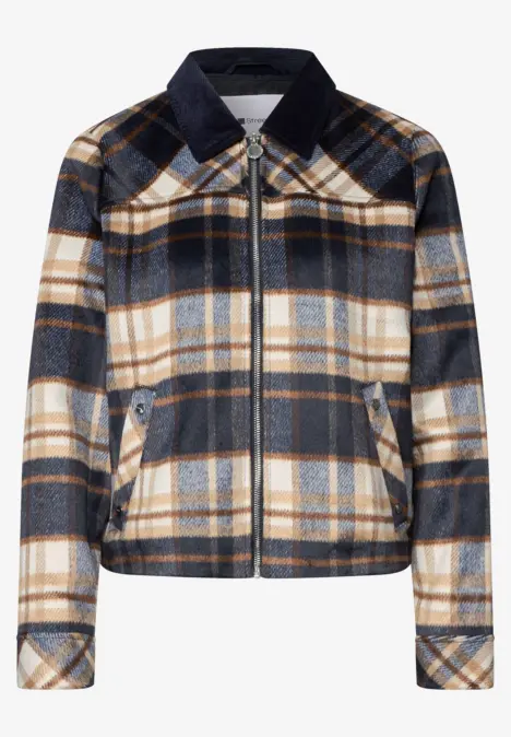 Kurz geschnittene Karojacke in Beige, Marine und Weiß mit Reißverschluss und Brustklappen