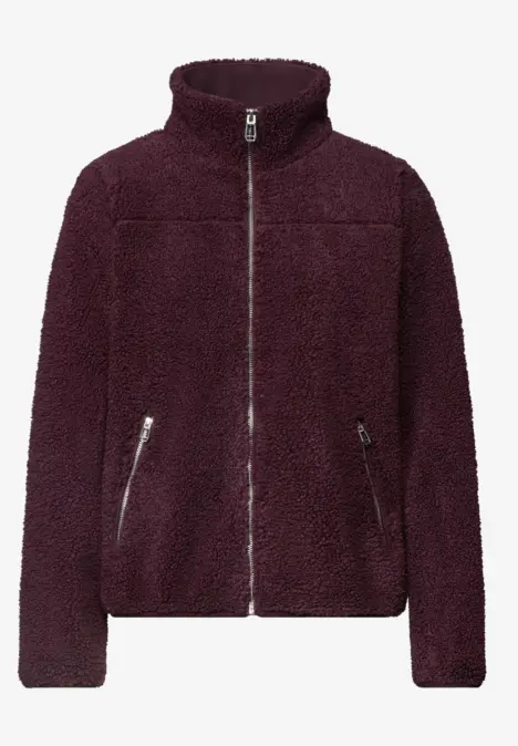 Dunkelrote, flauschige Fleecejacke mit Stehkragen und Reißverschluss.