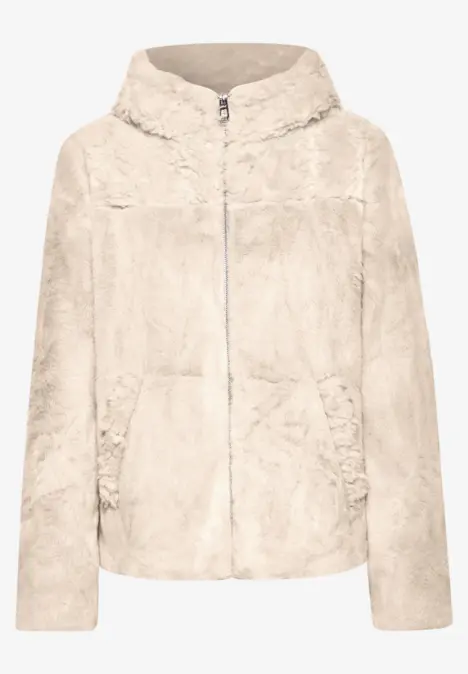 Beige Jacke aus weichem Teddyfell mit Kapuze und Reißverschluss
