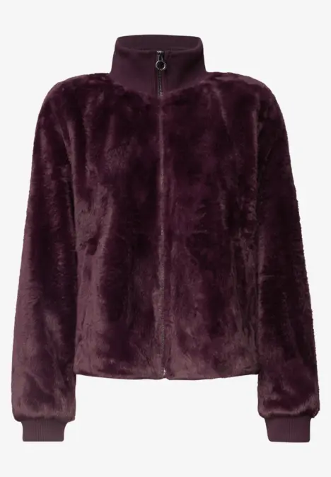 Dunkelviolette, kuschelige Fleecejacke mit Reißverschluss und Stehkragen.
