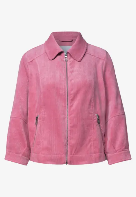 Rosa Wildlederjacke mit Reißverschluss und zwei Reißverschlusstaschen, lässiger Schnitt.
