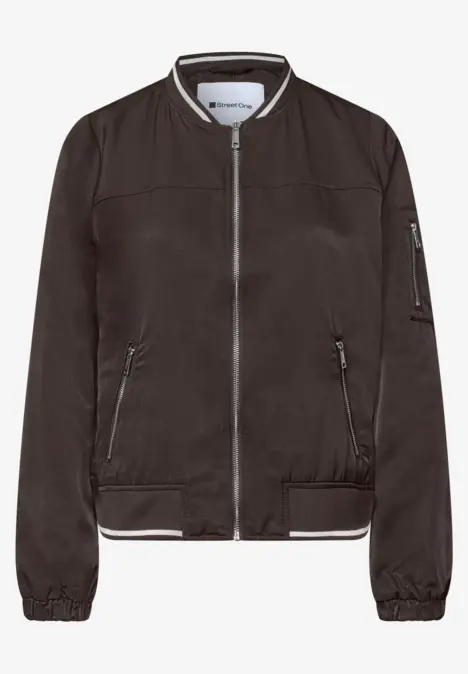 Schwarze Bomberjacke mit Reißverschluss und elastischen Bündchen.
