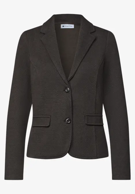 Eleganter dunkelgrauer Blazer mit zwei Knöpfen, aufgesetzten Taschen und schmalem Revers.