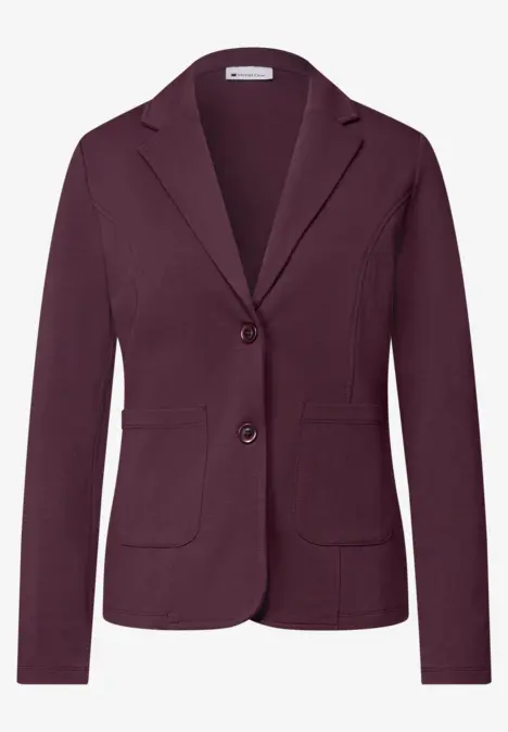 Dunkelroter Blazer mit Reverskragen, zwei Knöpfen und aufgesetzten Taschen.