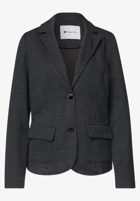 Dunkelgrauer Damenblazer mit dezentem Muster, zwei Knöpfen und aufgesetzten Taschen.