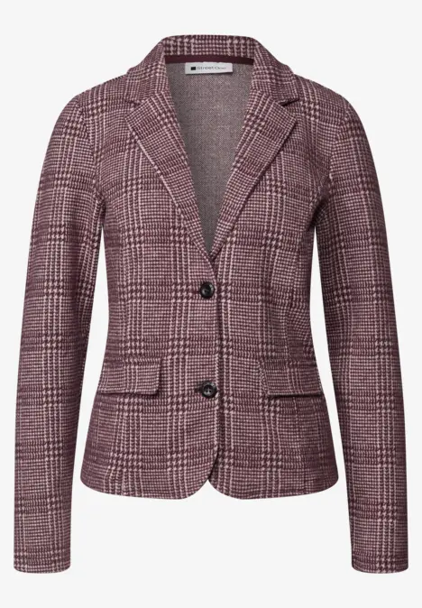 Schicker karierter Blazer in Rosa mit Reverskragen, zwei Knöpfen und aufgesetzten Taschen.