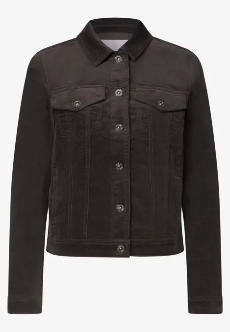 Schwarze Jeansjacke mit Knopfleiste und Brusttaschen, klassischer Schnitt.