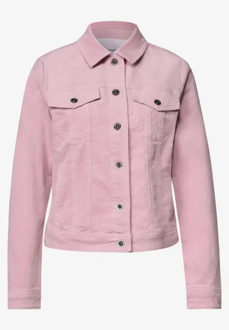 Veste en jean rose avec col, boutonnage et poches poitrine.