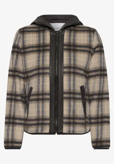 Kapuzenjacke mit Reißverschluss und kariertem Muster in Beige, Braun und Schwarz