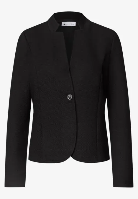 Schwarzer Damenblazer mit V-Ausschnitt und Ein-Knopf-Verschluss.