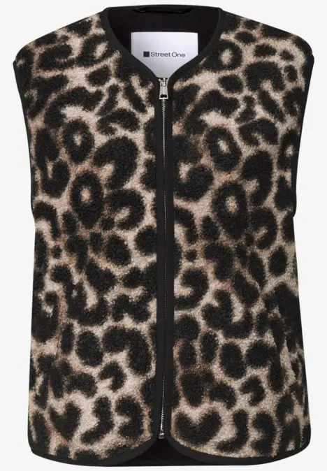 Veste sans manches à motif léopard, effet peau de bête et fermeture éclair centrale