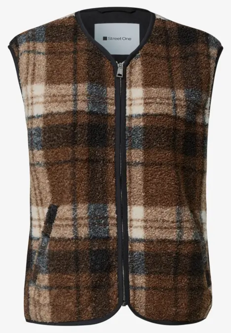 Ärmellose Jacke aus flauschigem kariertem Fleece mit Reißverschluss und Eingrifftaschen.