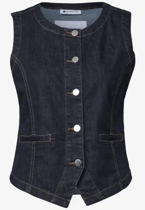 Ärmellose, taillierte Jeansweste in Dunkelblau mit silbernen Knöpfen und zwei Taschen
