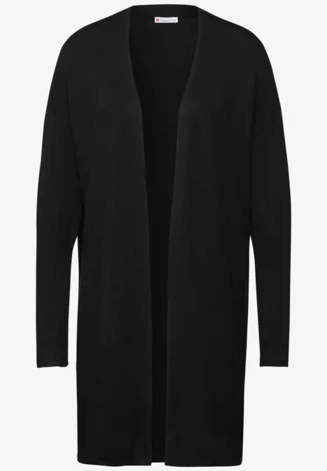 Lange, schwarze Strickjacke ohne Knöpfe, mit langen Ärmeln.