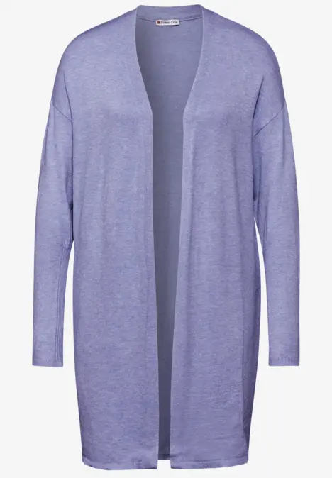Long cardigan lavande ouvert devant, manches longues.