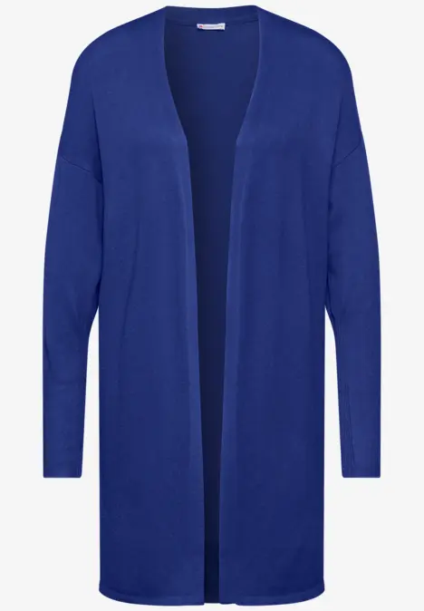 Langer, blauer Cardigan ohne Verschluss, mit langen Ärmeln.