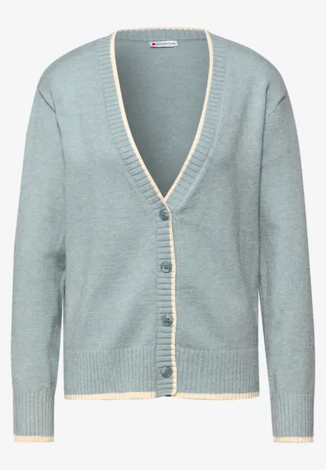 Hellgrau-türkiser Strickcardigan mit V-Ausschnitt, weißer Kante und Knopfleiste