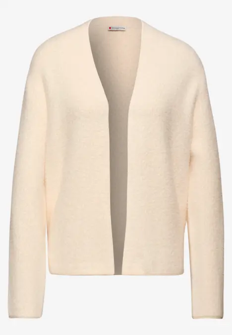 Beige offene Strickjacke mit lockerem Schnitt und langen Ärmeln.