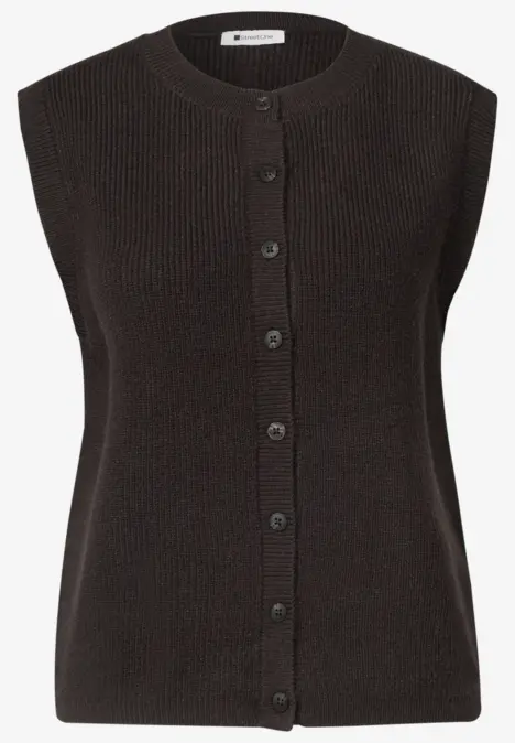 Ärmellose, schwarze Strickweste mit Knopfleiste und Rundhalsausschnitt.