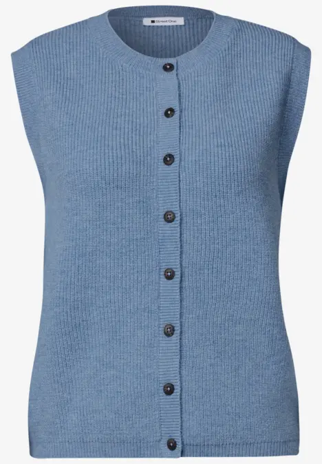 Hellblaue, ärmellose Strickweste mit durchgehender Knopfleiste und Rundhalsausschnitt.