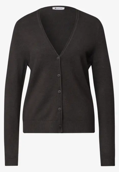 Cardigan en maille gris foncé à col V, manches longues et boutonnage devant.