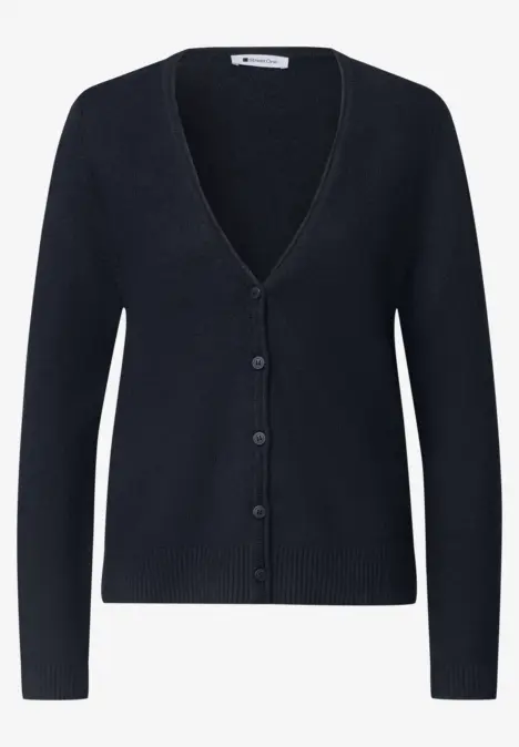 Dunkelblauer Cardigan mit V-Ausschnitt und Knopfleiste.