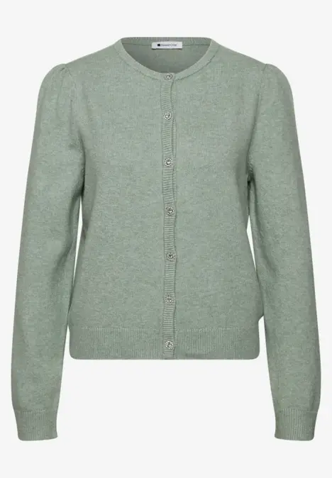 Cardigan en maille vert clair à col rond et boutonnage avant.